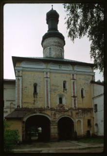 St. Cyril (Kirill)-Belozersk Monastery, Holy Gates (1523), with Church of St. John Climacus (1572), south view, Kirillov, Russia 1993.