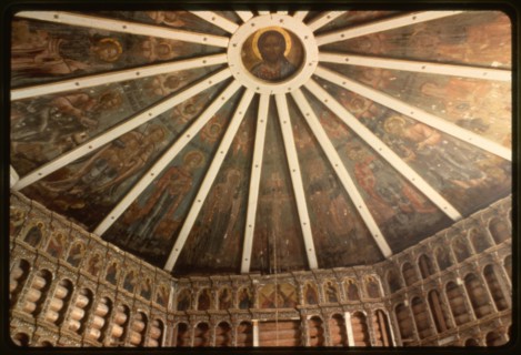 Church of the Epiphany (1787), interior, view east with  nebo (sky, or painted ceiling), Oshevensk, Russia 1998.