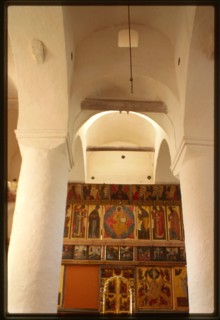 St. Cyril (Kirill)-Belozersk Monastery, Church of the Transfiguration over the Water Gate (1595), interior, view east with icon screen, Kirillov, Russia 1999.