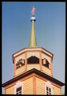 Log Church of Saint Nicholas (1846), bell tower, southwest view, which was originally built near the site where Lake Baikal drains into the Angara River, Listvianka, Russia; 1999