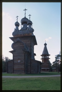 Church of the Ascension from Kushereka village (1669), with bell tower, east view, reassembled at Malye Korely Architectural Preserve, Russia 1998.