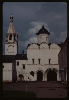Savior-Prilutskii Monastery, Gate Church of Theodore Stratilates (renamed the Ascension in 1815) (1590), south view, with bell tower (1729-30), Vologda, Russia 1996.