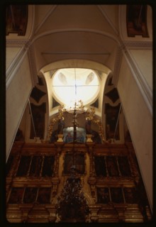 Archangel Michael Monastery, Archangel Cathedral (1653-56), interior, east view, with main dome and upper tier of icon screen, (late 18th century), Velikii Ustiug, Russia 1996.