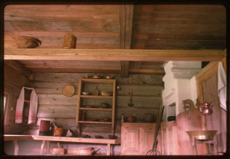 Log house from Kondratevskaia village (Verkhnetoima Region) (19th century), interior, main room, reassembled at Malye Korely Architectural Preserve, Russia 1998.