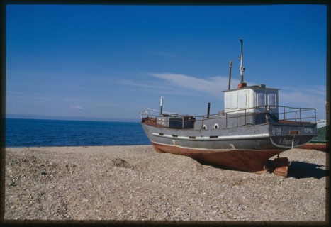Eastern Shore of Lake Baikal, with fishing boat, Posol'skoe, Russia; 2000