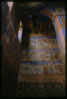 Church of Saint Nicholas Nadein (1620-22), interior, northwest corner, with frescoes of scenes from the life of Saint Nicholas, Yaroslavl', Russia; 1997