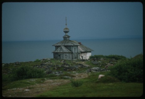 Church of St. Andrew (1702), southeast view, with White Sea in background, Bol'shoi Zaiatskii Island, Russia; 1999