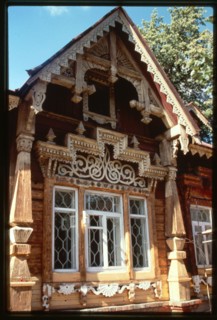 Tokareva house, built around 1900, detail of main facade, Perm, Russia 1999.