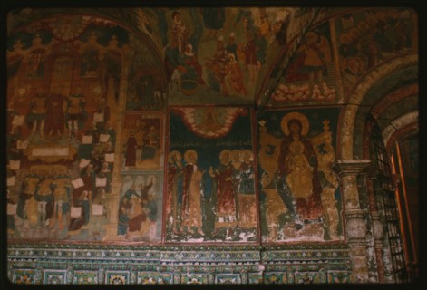 Church of Elijah the Prophet (1647-50), interior, west gallery, with ceramic ornament and fresco of Christ bound by Roman soldiers (1715-16), Yaroslavl', Russia; 1992