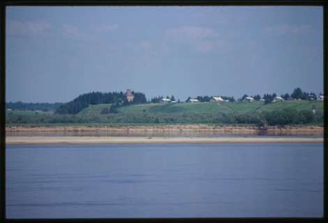 Brick Church of Trinity (18th century), southwest view taken from Dvina River on sidewheeler, Troitsa, Russia 1999.
