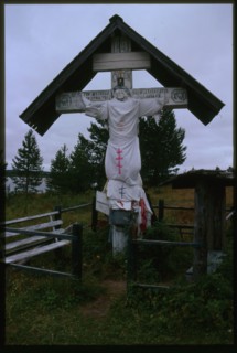 Votive cross (1886), with Mezen River in background, Kimzha, Russia; 2000