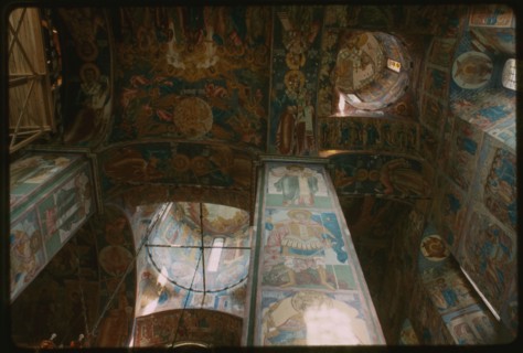 Church of Elijah the Prophet (1647-50), interior, west piers, with frescoes, including Archangel Michael (1680-81), Yaroslavl', Russia; 1994