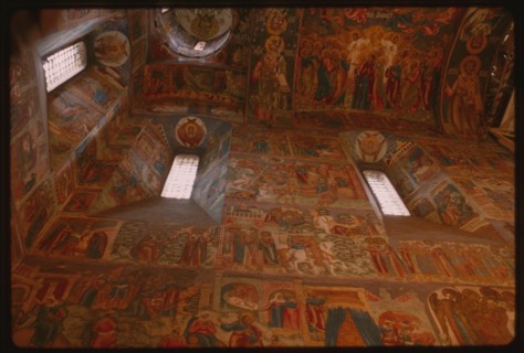 Church of Elijah the Prophet (1647-50), interior, west wall, with frescoes of scenes from the life of Christ (1680-81), Yaroslavl', Russia; 1992