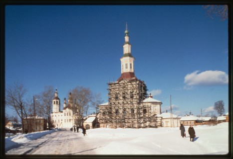 Church of the Nativity of Christ (1746-48 and 1786-93), south facade, with Church of Entry into Jerusalem in background, Tot'ma, Russia 1997.