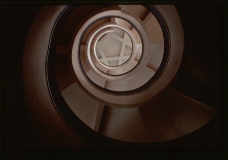 Chekist Village (gorodok chekistov) House of Culture, interior, with view of Constructivist style spiral staircase, Ekaterinburg, Russia 1999.