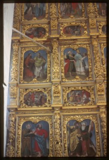 Church of the Presentation of the Virgin (1688-93), interior, icon screen details, Sol'vychegodsk, Russia 1999.