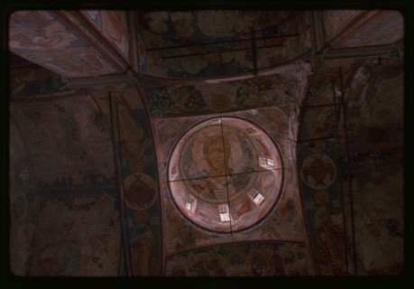 Church of Saint Nicholas Mokryi (1665-72), interior, main dome, with fresco of Christ Ruler of All (1672), Yaroslavl', Russia; 1997