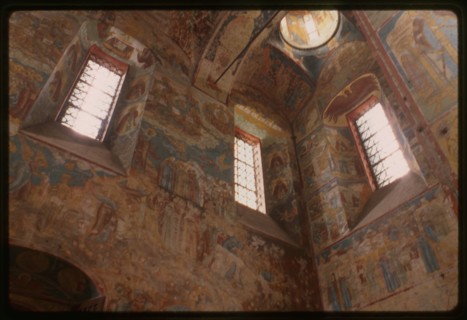Church of Saint Nicholas Mokryi (1665-72), interior, northwest corner, with frescoes including the Last Judgement (1672), Yaroslavl', Russia; 1997