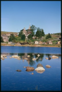 Church of St. Nicholas (1705), west view, across mouth of Kovda River, Kovda, Russia; 2001
