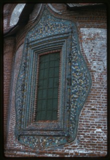 Church of Saint John Chrysostome in Korovniki (1649-54), east facade, decorative ceramic window surround, Yaroslavl', Russia; 1987