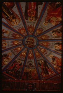 Church of the Intercession (1743, 1761), interior, view east with upper tier of icon screen and nebo (sky or painted ceiling), Liadiny, Russia 1998.