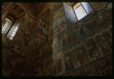 Church of John the Baptist at Tolchkovo (1671-87), interior, northwest corner with frescoes (1694-95), Yaroslavl', Russia; 1997