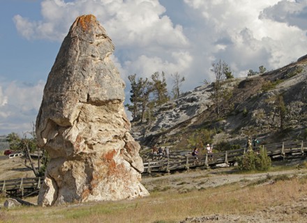 Visitors at Liberty Cap at Mammoth Hot Springs in Yellowstone National Park; Date: 30 June 2015