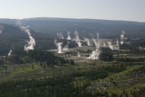 Aerial view of Upper Geyser Basin in Yellowstone National Park; Date: 22 June 2006