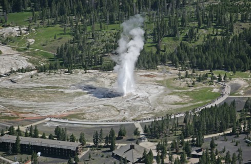 Aerial view of Old Faithful Geyser in Yellowstone National Park; Date: 22 June 2006