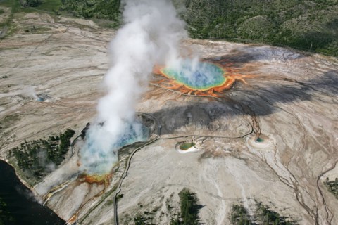 Aerial view of Excelsior Geyser and Grand Prismatic Spring in Midway Geyser Basin in Yellowstone National Park; Date: 22 June 2006