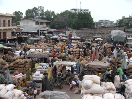Crowded marketplace in Benin Africa ca. 2 August 2008