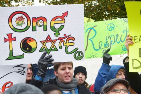 Peace Rally demonstratration outside a mosque in support of the local Muslim community  Irving, TX,  USA (November 28, 2015)