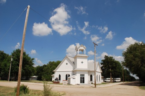 White church building in Milton Kansas; Milton Baptist Church on Sycamore Rd.