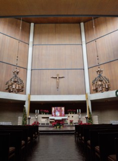 Interior of the Church of the Incarnation during the Christmas season, on the campus of the University of Dallas in Irving, TX
