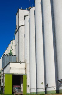 Large grain elevator complex in a small town in Western Kansas