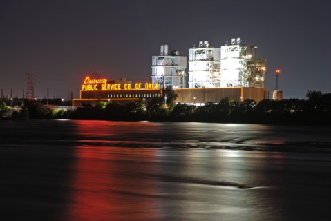 Public Service Company of Oklahoma plant along the Arkansas River in Tulsa, Oklahoma at night