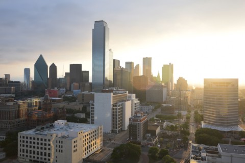 Early morning view of the Dallas, TX skyline