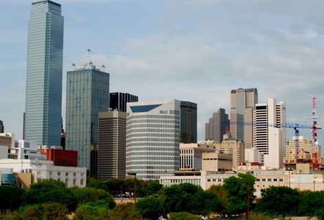 Construction cranes in downtown Dallas, TX (view looking east) ca. 2010