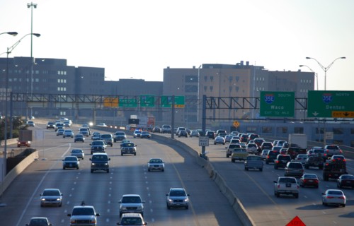 Busy late afternoon highway traffic in downtown Dallas, TX