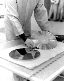 The Voyager 1 Golden Record is prepared for installation on the spacecraft