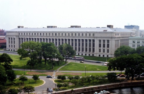 An aerial view of the office building for the Bureau of Printing and Engraving.
