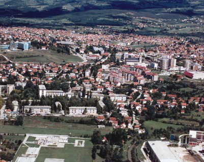 An aerial view showing most of the city of Bugojne, Bosnia-Herzegovina