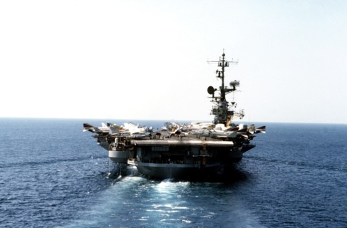 A stern view of the aircraft carrier USS CORAL SEA