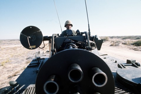 A U.S. Army soldier mans an M