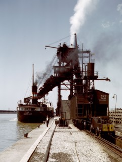 Loading a lake freighter with coal at the Pennsylvania R.R. coal docks