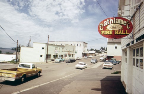 Small town traffic in front of the Cathlamet Fire Station