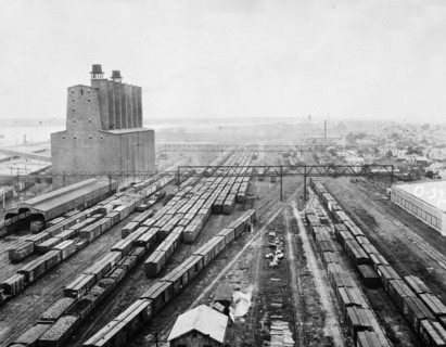 Trains in Railroad yard and grain elevator