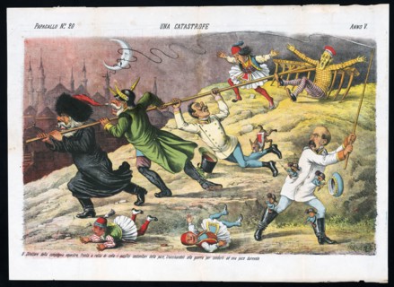 Una catastrofe - Italian political cartoon ca. 1877 by Grossi