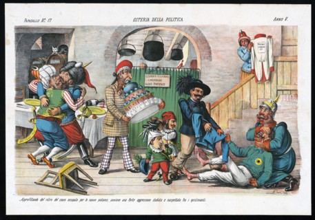 Osteria della politica - Italian political cartoon by Grossi ca. 1877