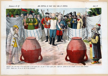 1800s Italian Political Cartoon by Agusto Grossi - Una pentola di pace vale una di guerra ca. 1878